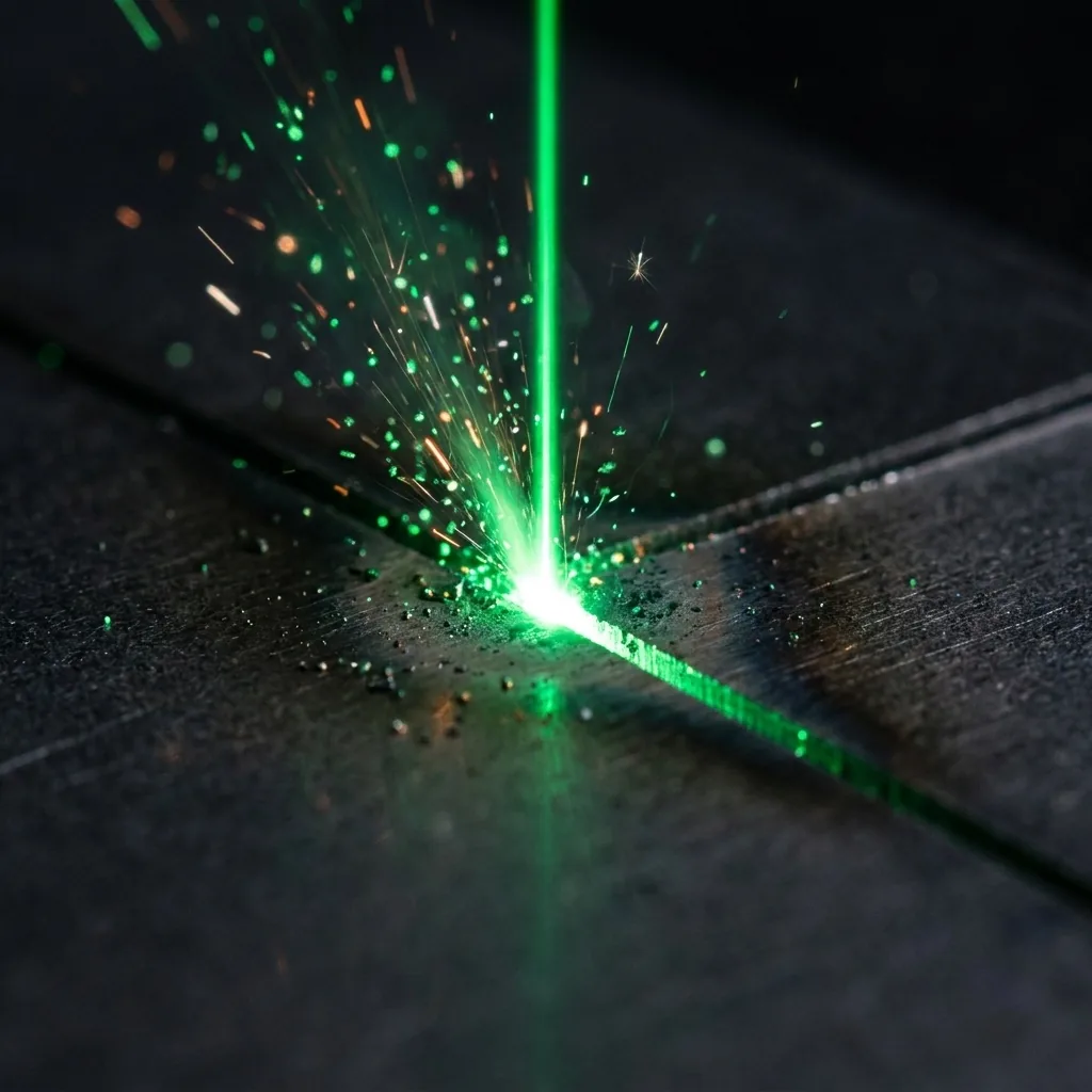 Makro detail laserového gravírovania so zelenými iskrami